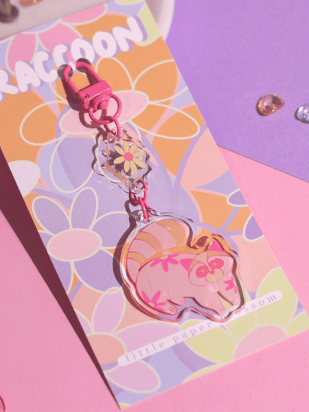 raccoon dangling acrylic keychain | pink