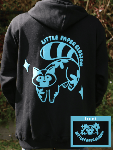 raccoon hoodie | blue design on black hoodie | PUFFY