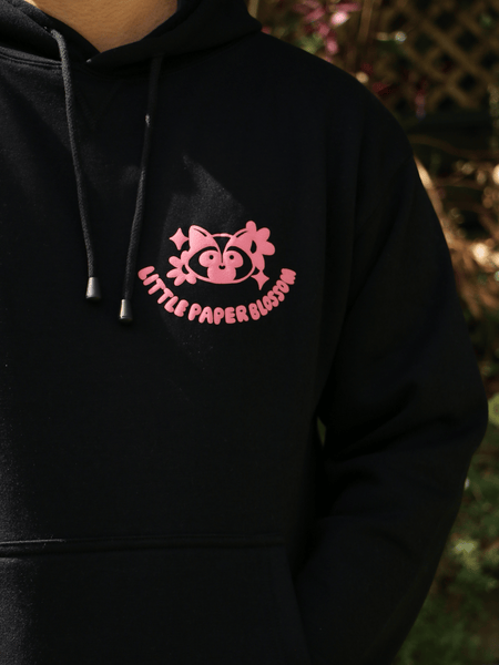 raccoon hoodie | pink design on black hoodie | PUFFY