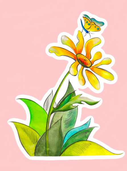 sticker-yellow-butterfly-and-yellow-green-daisies