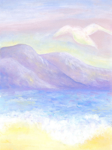 pastel-beach-dreams-yellow-sand-blue-ocean-purple-mountains-art-print-acrylic