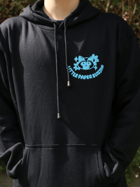 raccoon hoodie | blue design on black hoodie | PUFFY