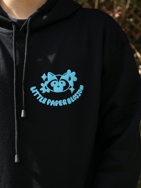 raccoon hoodie | blue design on black hoodie | PUFFY