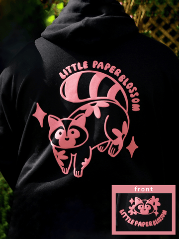raccoon hoodie | pink design on black hoodie | PUFFY