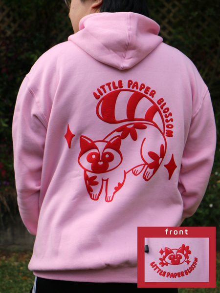 raccoon hoodie | red design on pink hoodie | PUFFY