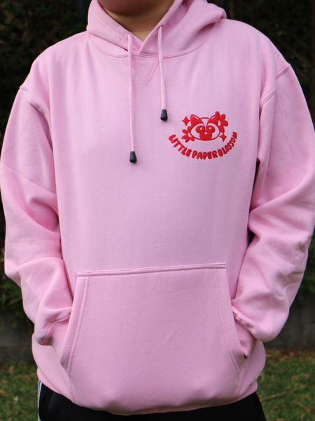 raccoon hoodie | red design on pink hoodie | PUFFY