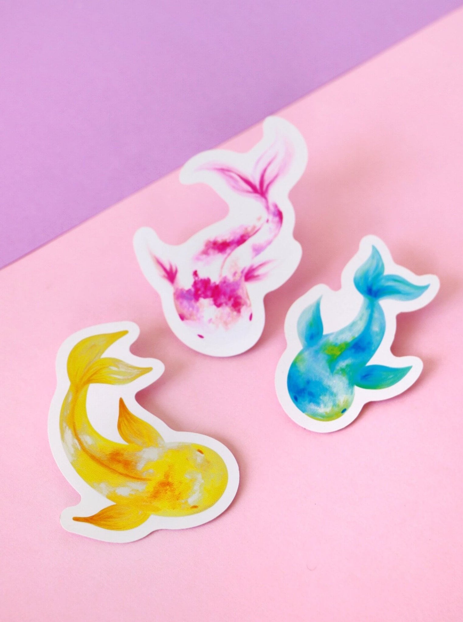 three-acrylic-painted-koi-fish-stickers-golden-sun-pink-rose-blue-earth