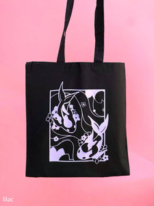 koi pond tote bag | black with lilac