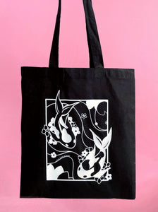 koi pond tote bag | black with white design
