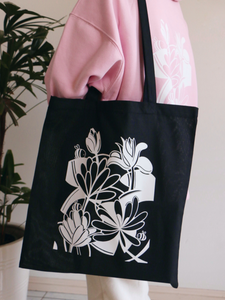 lotus pond black tote bag | white design