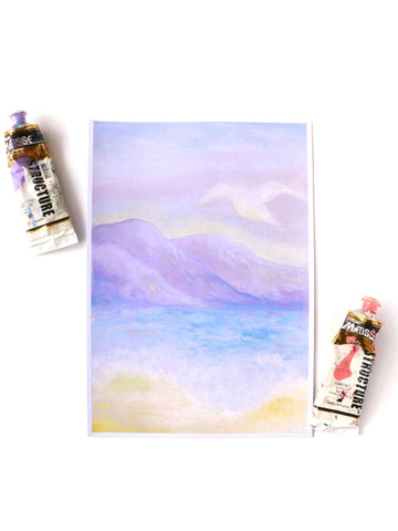 pastel-beach-dreams-yellow-sand-blue-ocean-purple-mountains-art-print-acrylic