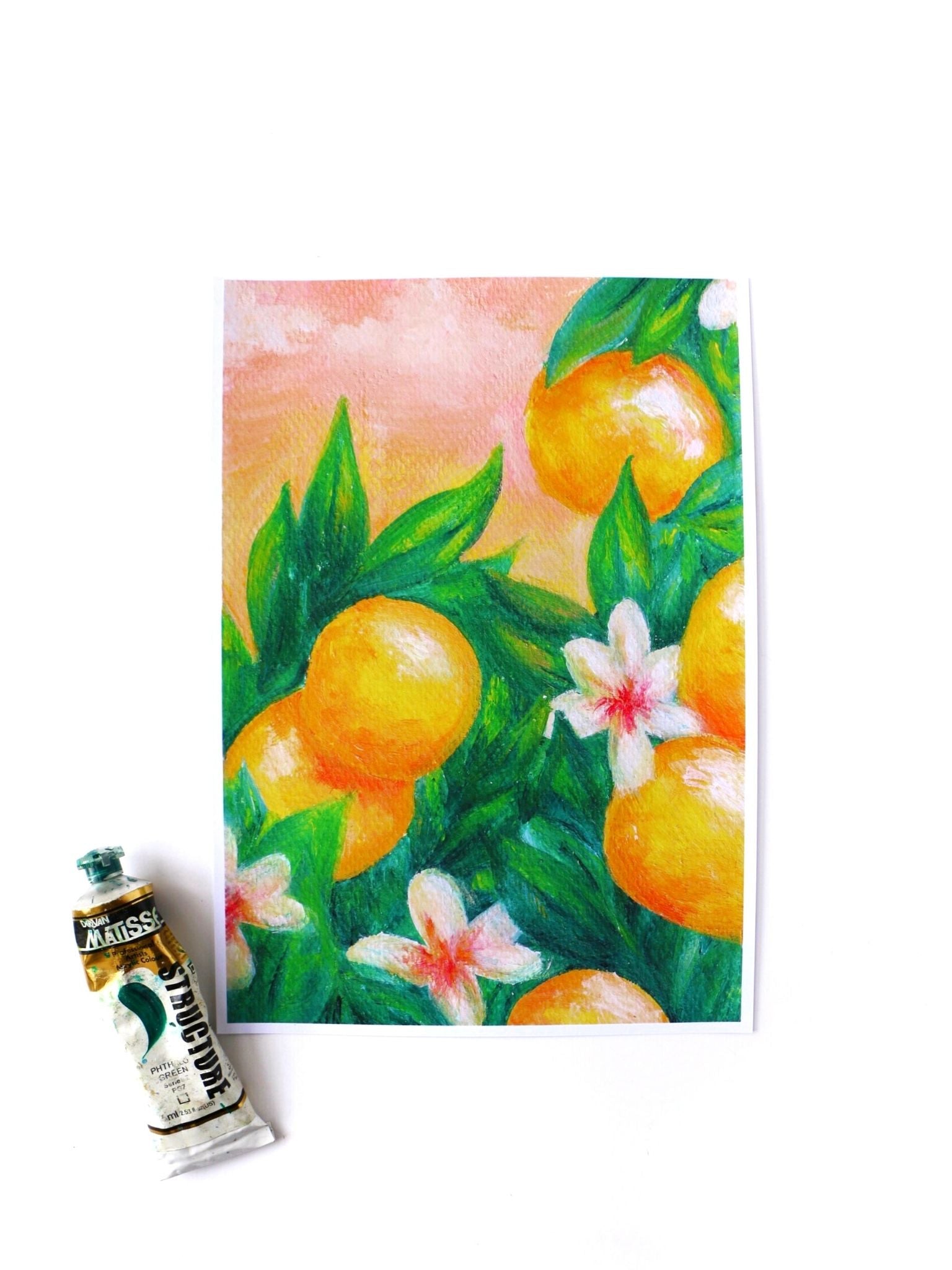 sweet-oranges-with-green-leaves-tree-pink-sunset-acrylic-paint-art-print