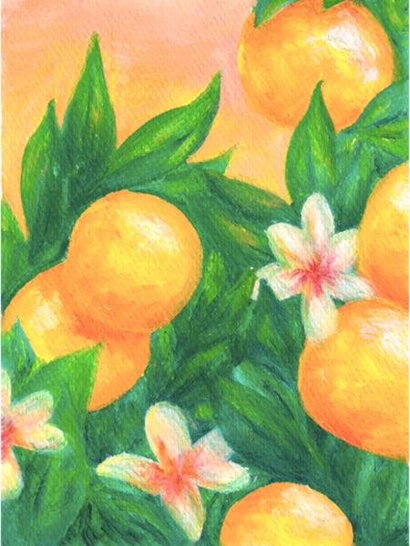sweet-oranges-with-green-leaves-tree-pink-sunset-acrylic-paint-art-print